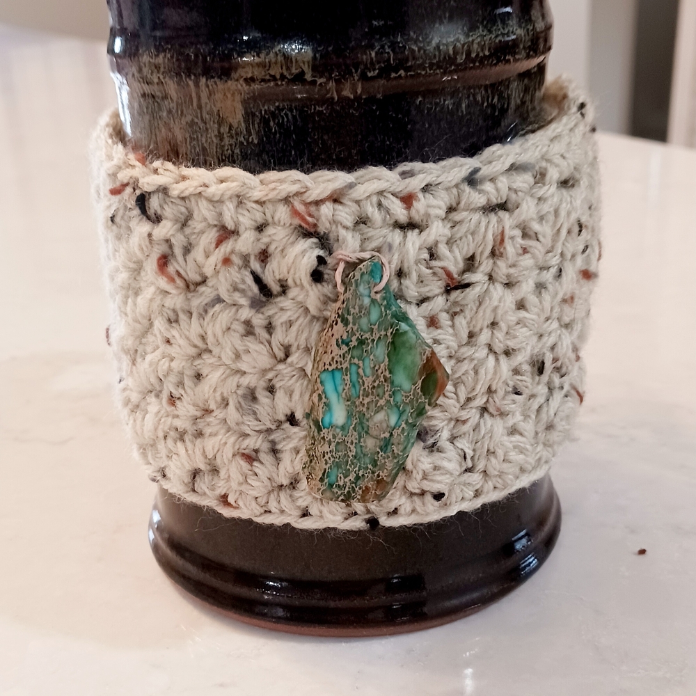 Handmade Crocheted Beige Bottle Cozy with Turquoise Pendant